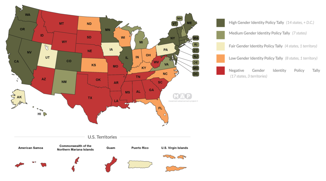 Screenshot of the Movement Advancement Project Equality Maps, showing the gender identity policy tally of U.S. states and territories. As of March 2022, 17 states have a negative tally and are shaded in red.