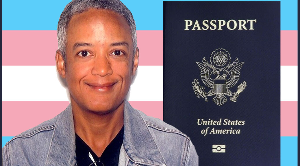 The author’s passport photo (from 2014) and the cover of a United States passport, superimposed over the blue, pink, and white stripes of the transgender pride flag.