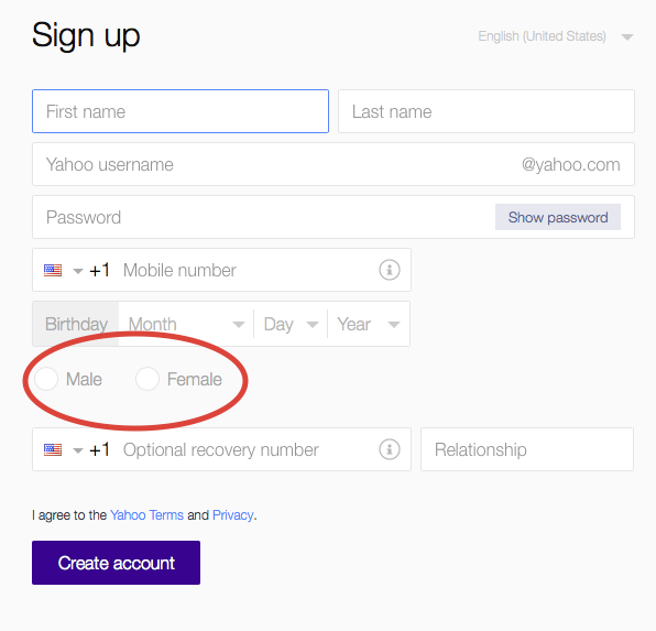 Yahoo signup page