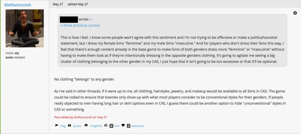 Sims forum comment on gender