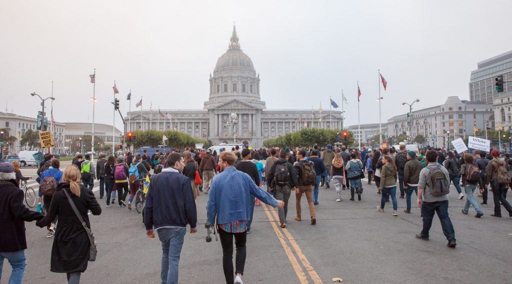 Marching to City Hall in the fog