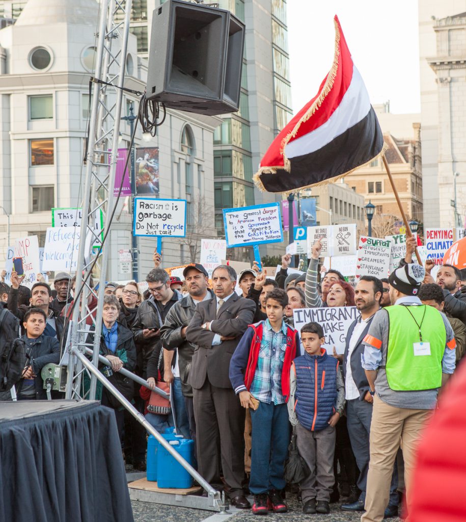 Protest signs and flags