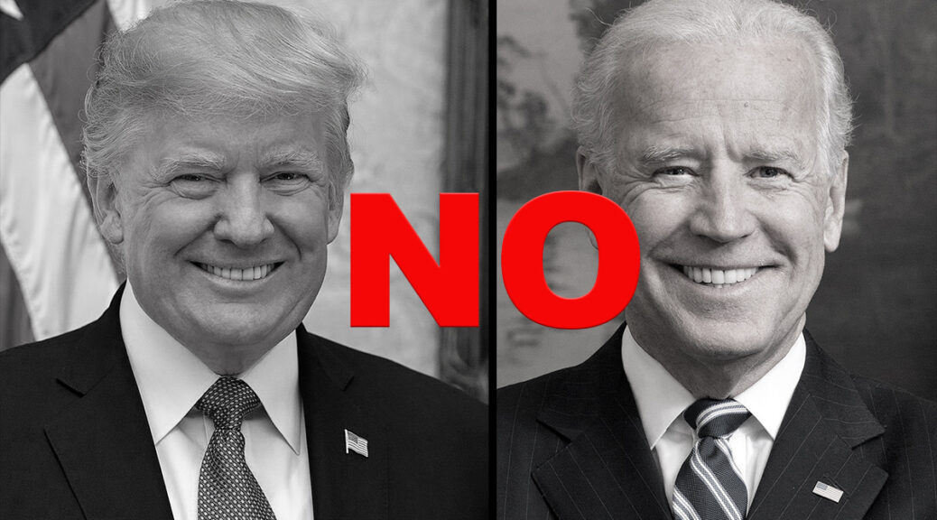 Side-by-side official portraits of Donald Trump and Joe Biden, desaturated and with the word NO in red text superimposed.