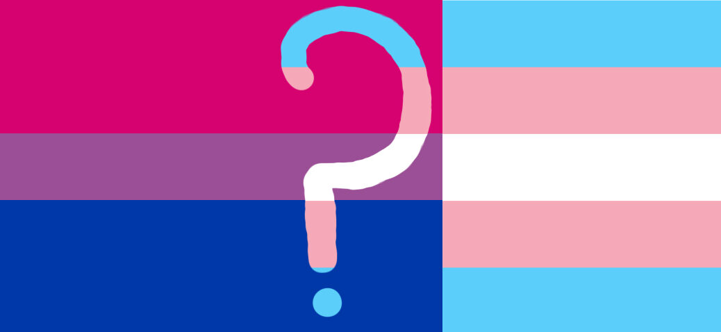 Bi and trans flags overlapped with question mark