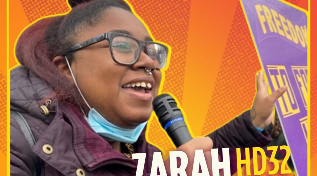 Campaign image with a photo of Zarah Livingston speaking into a microphone and the words “Sunrise Pittsburgh Endorses Zarah Livingston HD32”.