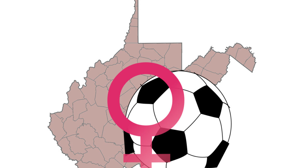 Composite image of a female “Venus” symbol, soccer ball, and a map of West Virginia.