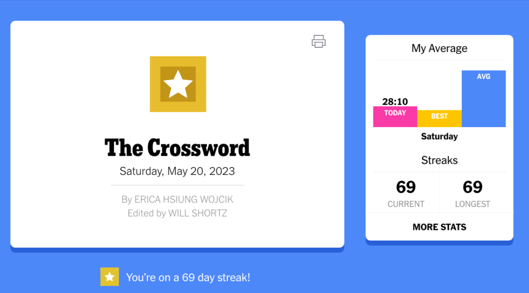 Screenshot from the New York Times Games website, with one section showing the date and author of today’s crossword, and another section showing current, best, and average times, and current and longest streaks.
