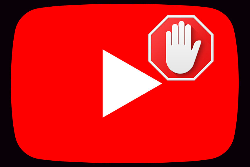 YouTube “play” logo with the Ad Block “hand” logo superimposed.