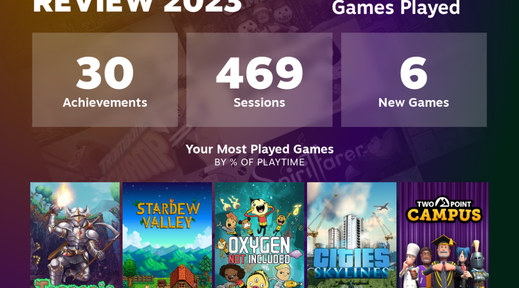 Screenshot with heading "funcrunch's Steam Year in Review 2023", text "13 Games Played", "30 Achievements", "469 Sessions ", 6 New Games". Under text "Your Most Played Games by % of Playtime" are images for: Terraria (51%), Stardew Valley (23%), Oxygen Not Included (16%), Cities: Skylines (3%), and Two Point Campus (2%)