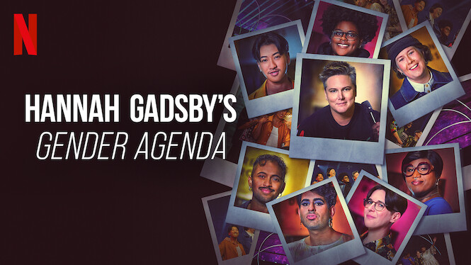 Netflix banner for Hannah Gadsby’s Gender Agenda, featuring Polaroid-style headshots of Hannah and the seven other featured comedians: Jes Tom, Asha Ward, Chloe Petts, Krishna Ishtha, Alok, DeAnne Smith, and Dahlia Belle.