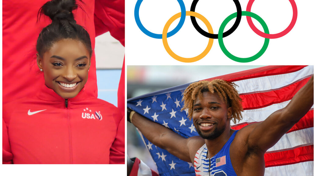 Images of Simone Biles, Noah Lyles, and the rings of the Olympic flag.