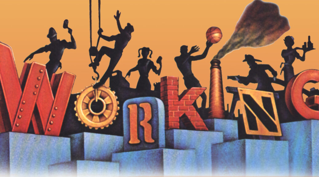 Several people in silhouette perform various activities behind letters composed of a variety of materials that spell out the word WORKING.