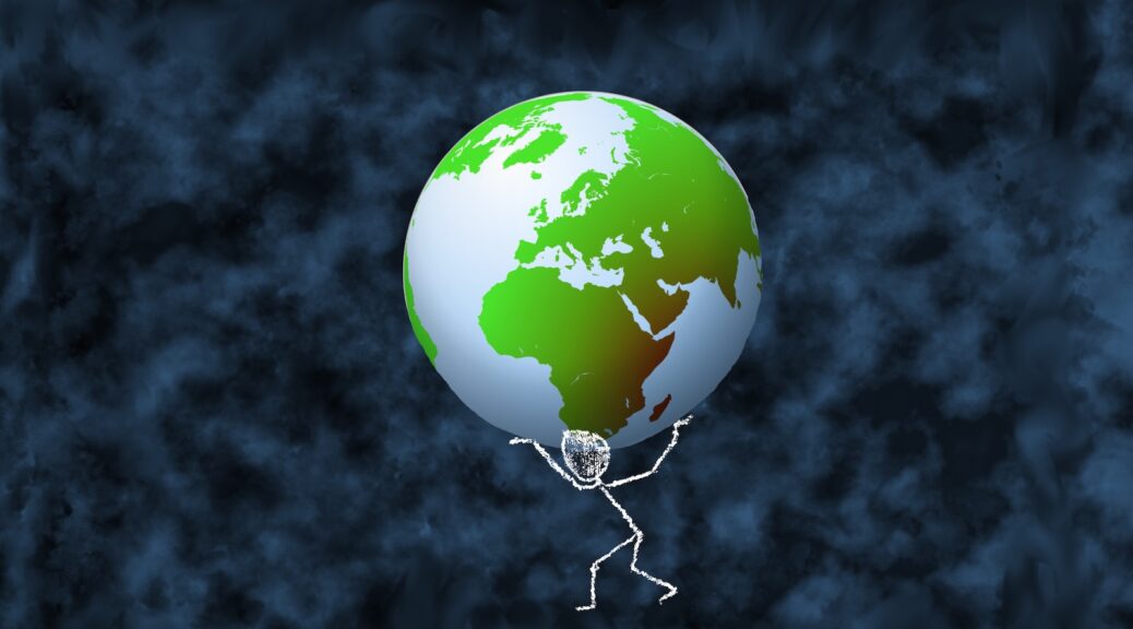 Over a dark mottled background, a white chalk stick figure lifts a large globe on their shoulders.